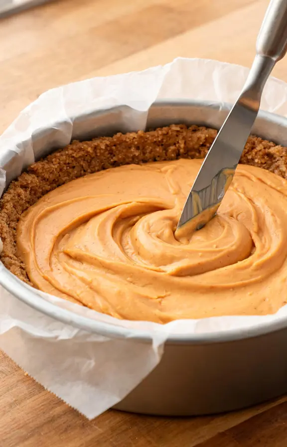 Pumpkin cheesecake batter being swirled with a knife over a pressed graham cracker crust in a parchment lined baking pan