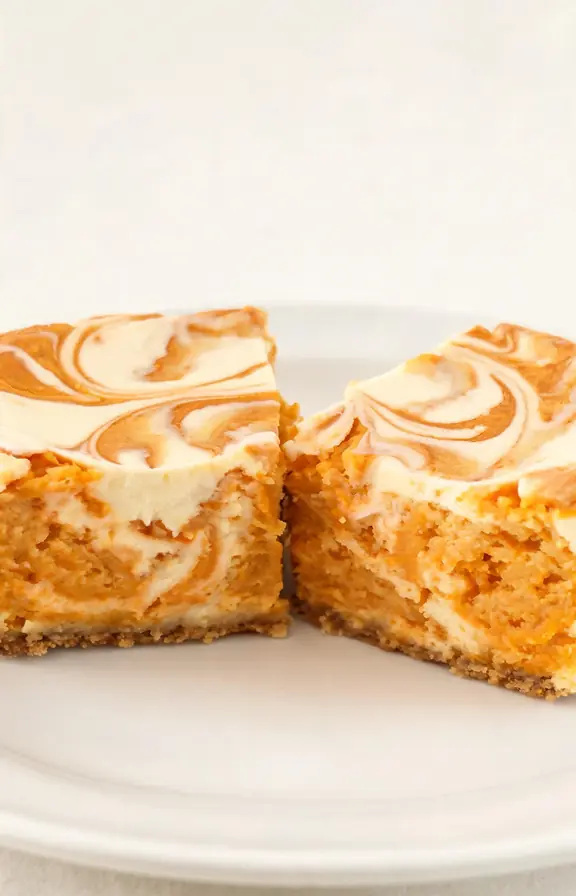 Close up of a single pumpkin cheesecake bar cut in half showing a dense creamy interior and swirled marble pattern