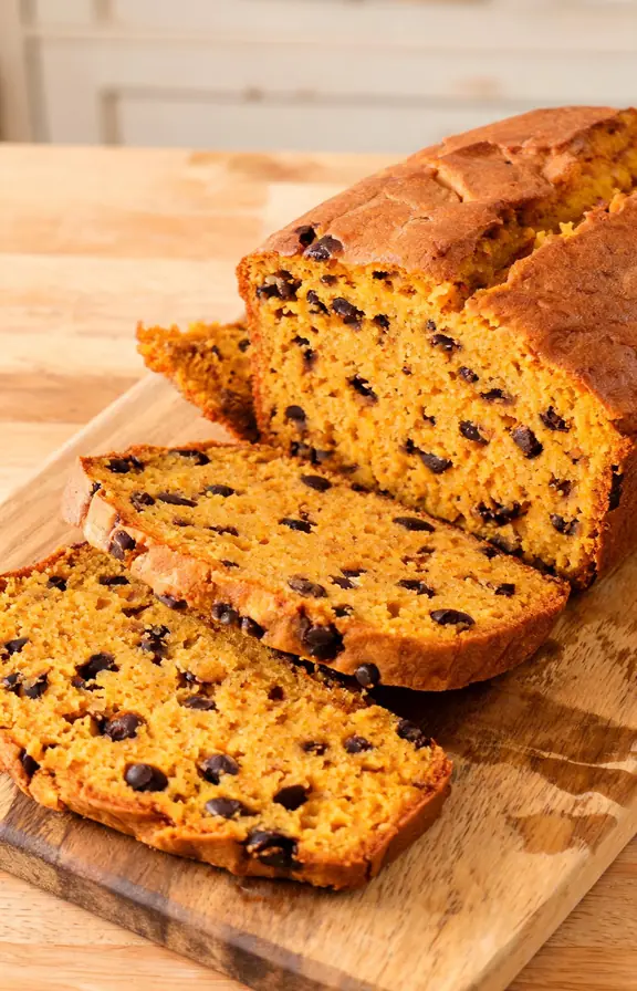 Sliced pumpkin chocolate chip bread loaf on a wooden board showing an even crumb studded with chocolate chips