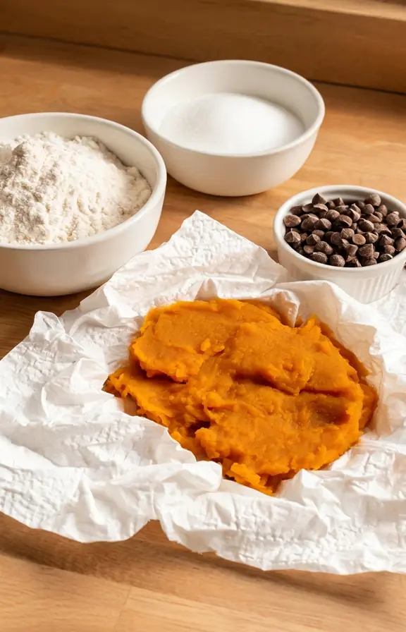 Overhead shot of blotted pumpkin puree on paper towels next to a bowl of flour, sugar, and chocolate chips tossed for pumpkin bread