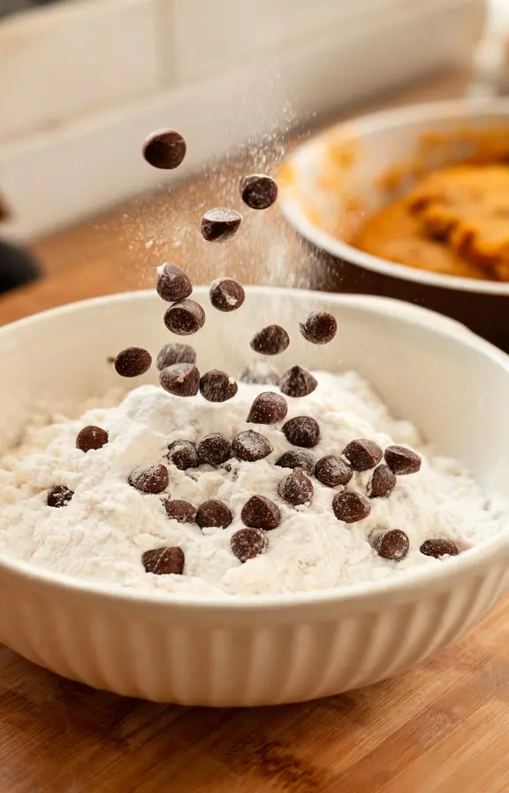 Chocolate chips being tossed in flour in a small bowl before folding into pumpkin bread batter