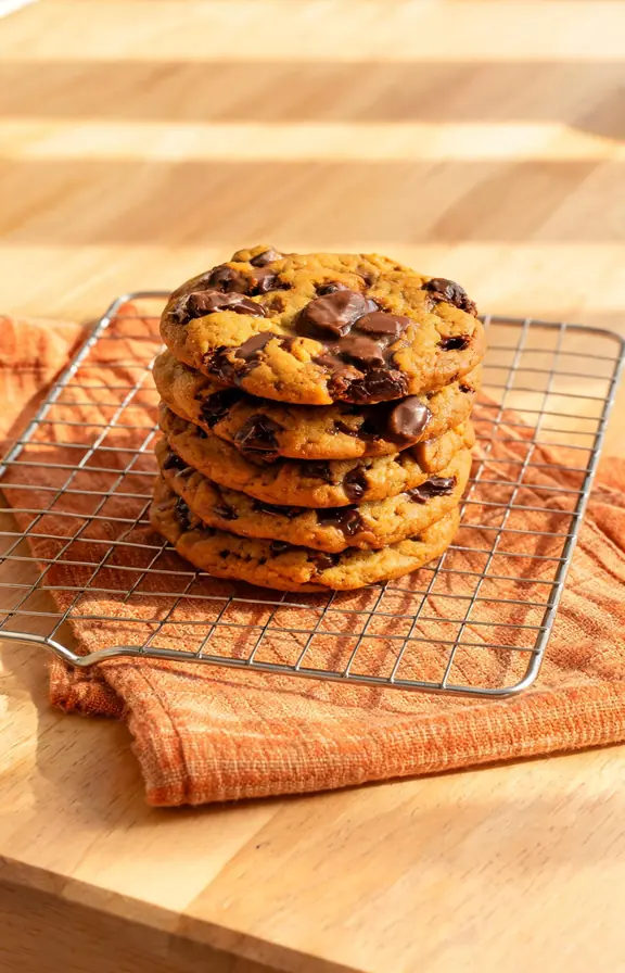 Stack of pumpkin chocolate chunk cookies with visible melted chocolate pools on a wire rack