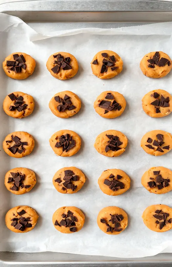Overhead flat lay of pumpkin cookie dough balls topped with chopped chocolate shards on a parchment lined baking sheet before baking