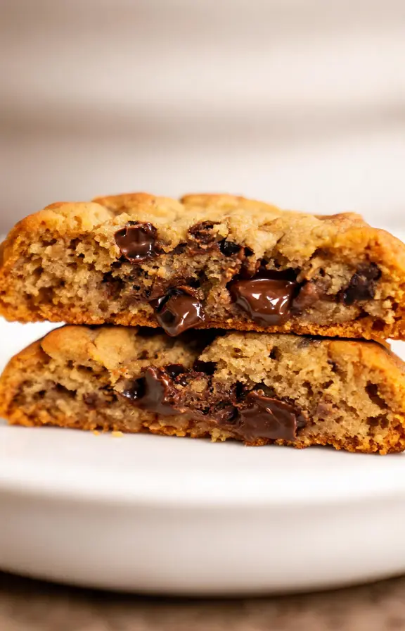 Close up of a pumpkin chocolate chunk cookie broken in half showing melted chocolate pools and soft chewy interior