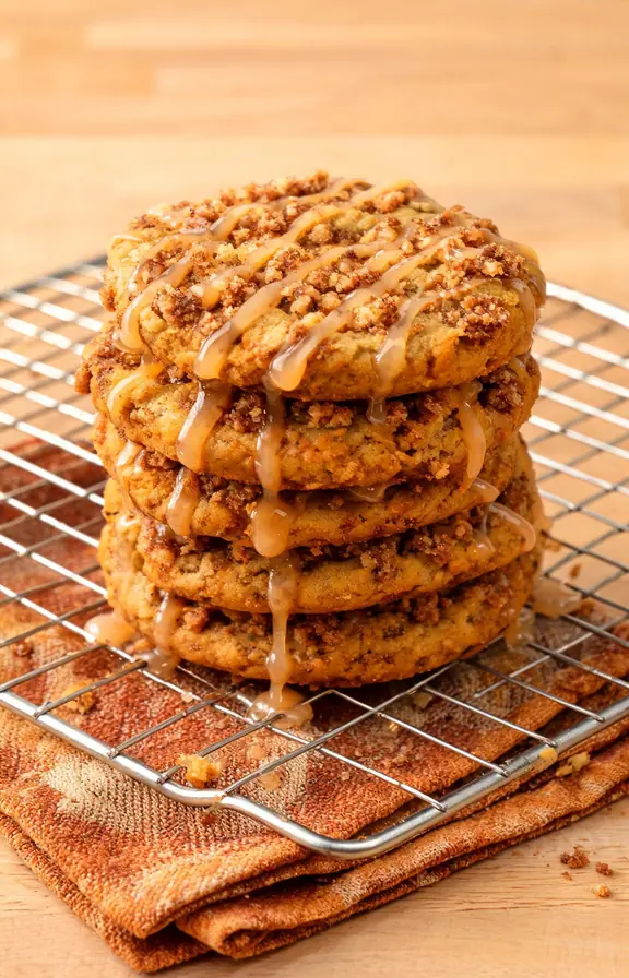 Stack of pumpkin coffee cake cookies with cinnamon streusel topping and maple glaze on a wire rack