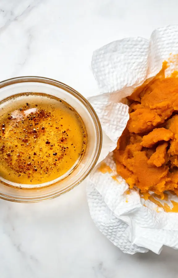 Browned butter with golden milk solids cooling in a glass bowl next to blotted pumpkin puree on paper towels