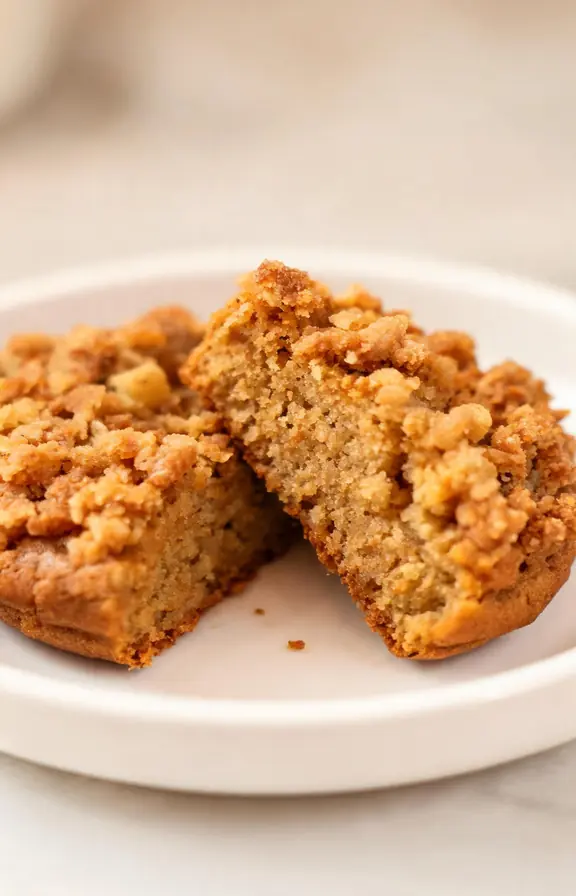 Close up of a single pumpkin coffee cake cookie broken in half showing soft chewy interior and streusel top
