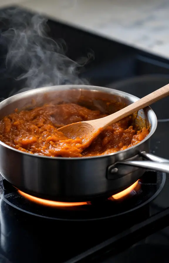 Pumpkin puree being reduced in a saucepan on the stovetop with visible steam and darkened color