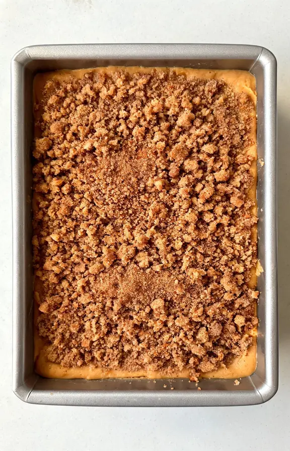 Overhead view of pumpkin coffee cake batter topped with brown sugar cinnamon streusel in a metal baking pan before going into the oven