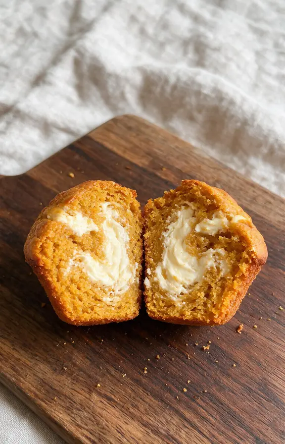 A pumpkin cream cheese muffin split in half on a wooden board