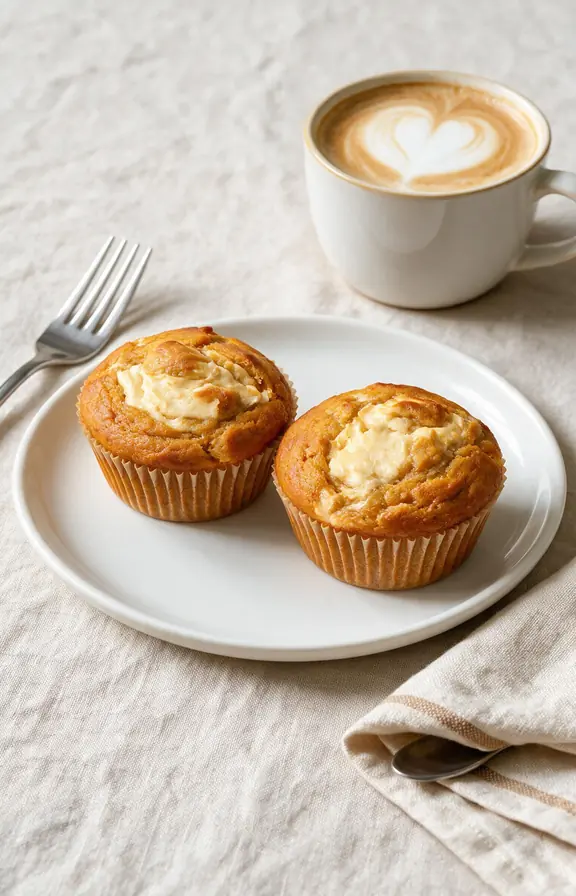 Two pumpkin cream cheese muffins in plate
