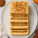 Overhead shot of a sliced pumpkin icebox cake showing distinct layers of pumpkin cream and softened gingersnap cookies on a white plate