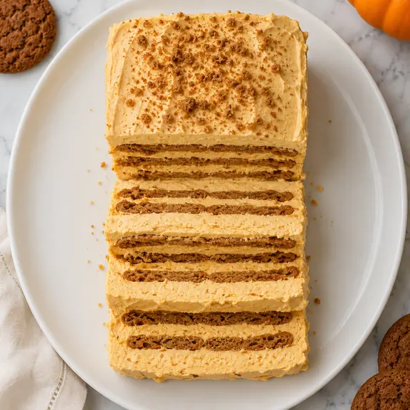 Overhead shot of a sliced pumpkin icebox cake showing distinct layers of pumpkin cream and softened gingersnap cookies on a white plate