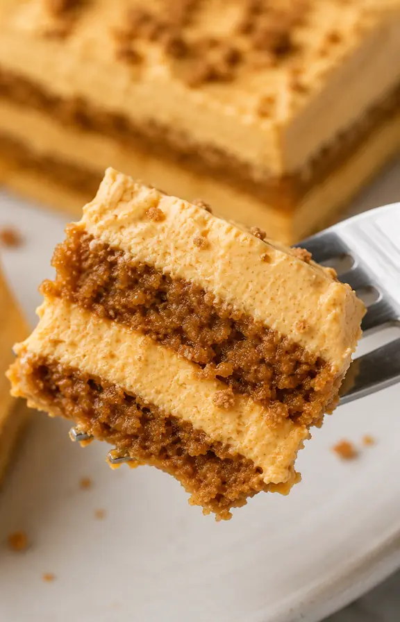 Close up of a single slice of pumpkin icebox cake on a fork showing the soft, cake-like texture of the softened cookie layer