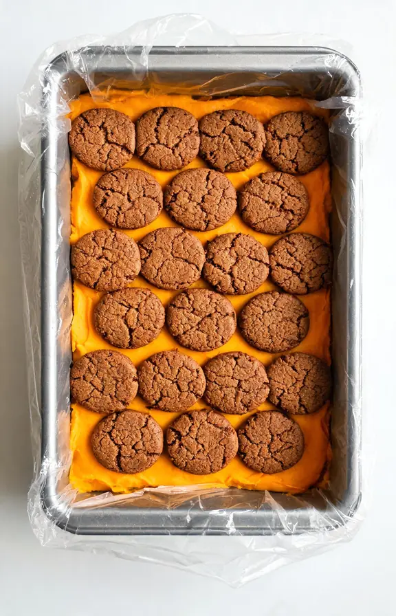 Overhead flat lay of gingersnap cookies arranged in a brick pattern over a layer of pumpkin cream inside a plastic wrap lined loaf pan