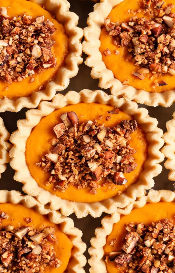 Close-up of toasted pecan crumble topping being sprinkled over unbaked pumpkin filling in mini tassie shells