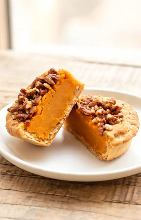 Close-up of a single pumpkin pecan tassie broken in half showing the soft pumpkin custard center and pecan crumble top
