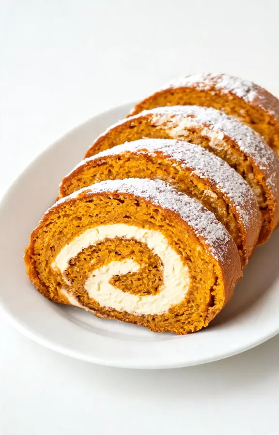 Sliced pumpkin roll with cream cheese filling on a white platter, spiral pattern visible in each slice, dusted with powdered sugar