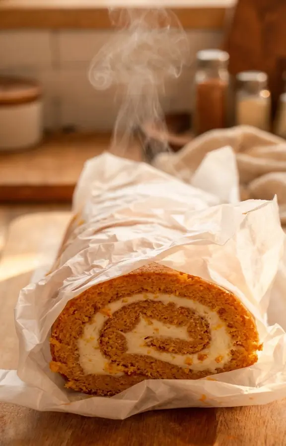 Cream cheese filled pumpkin cake being rolled back up into a spiral on a wooden countertop