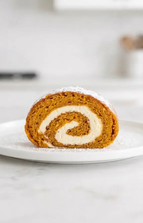 Close up slice of pumpkin roll showing the spiral of cream cheese filling