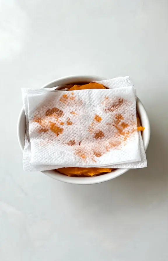 Canned pumpkin puree being pressed and blotted with paper towels in a small bowl to remove excess moisture