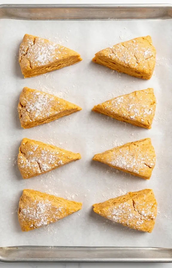 Unbaked pumpkin scone wedges on a parchment lined baking sheet, evenly spaced before going into the freezer