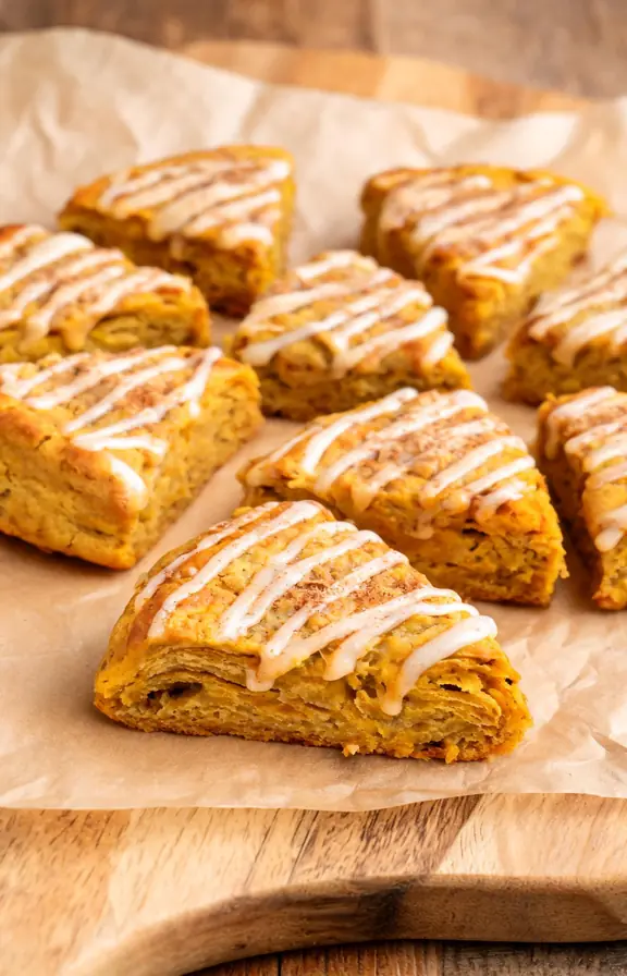 Tall golden pumpkin scones drizzled with cinnamon glaze, arranged on a parchment lined baking sheet