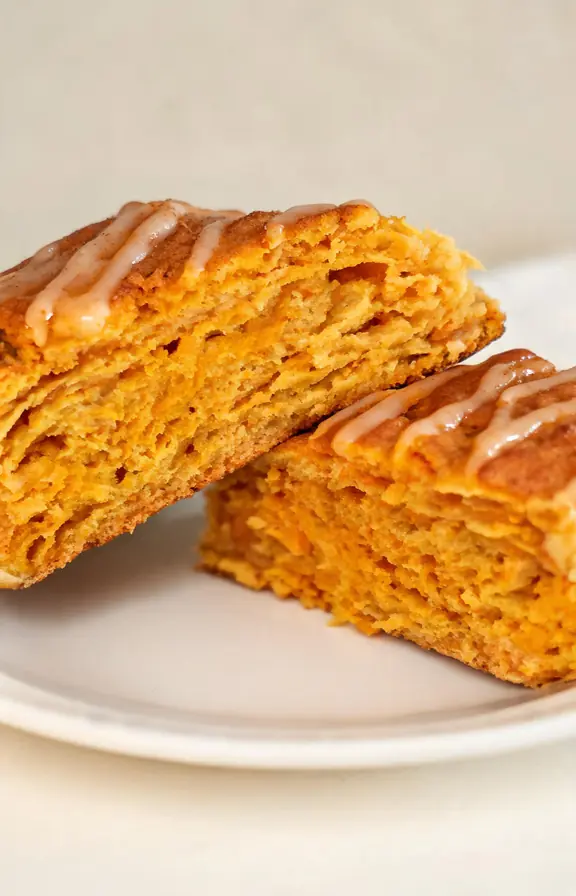 Close up of a split pumpkin scone showing a soft spiced interior with visible flaky layers