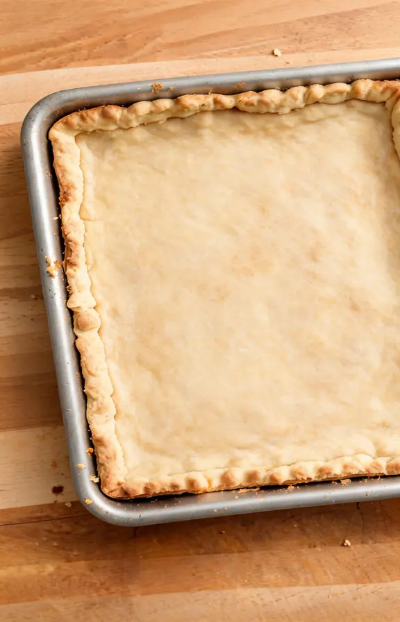 Par-baked pie crust in a half sheet pan lined with foil and pie weights before adding pumpkin filling