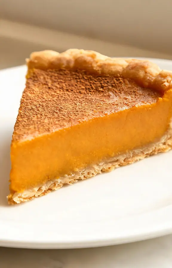 Close up of a single square of pumpkin slab pie showing the smooth custard layer and crisp bottom crust