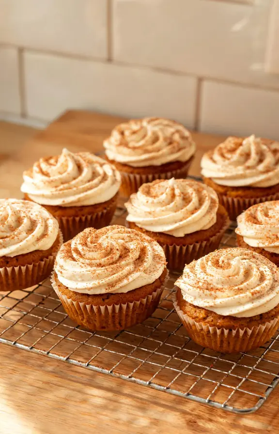 Pumpkin spice cupcakes with swirled cream cheese frosting and cinnamon dusting on a cooling rack