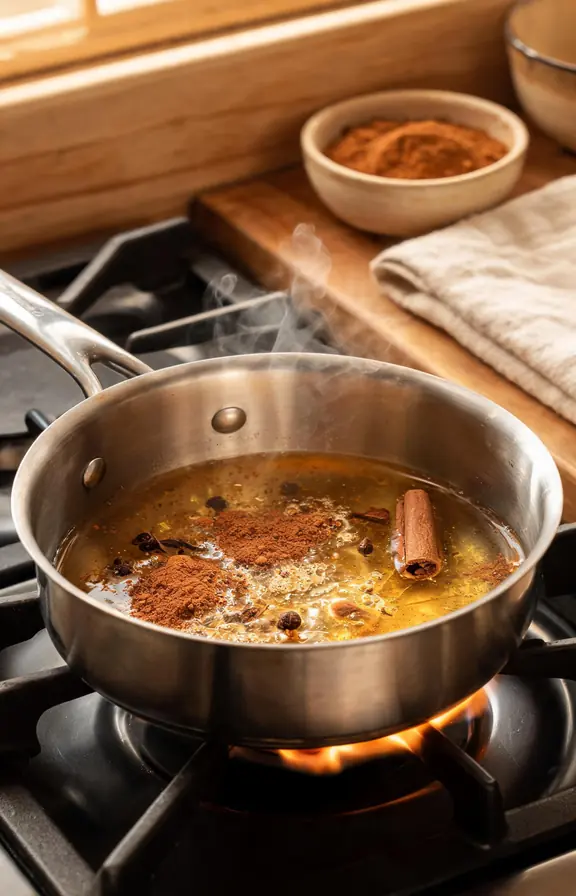 Pumpkin pie spice blooming in warm oil in a small saucepan before being mixed into cupcake batter