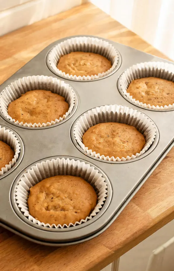 Unbaked pumpkin spice cupcake batter filled two thirds into paper liners in a muffin tin