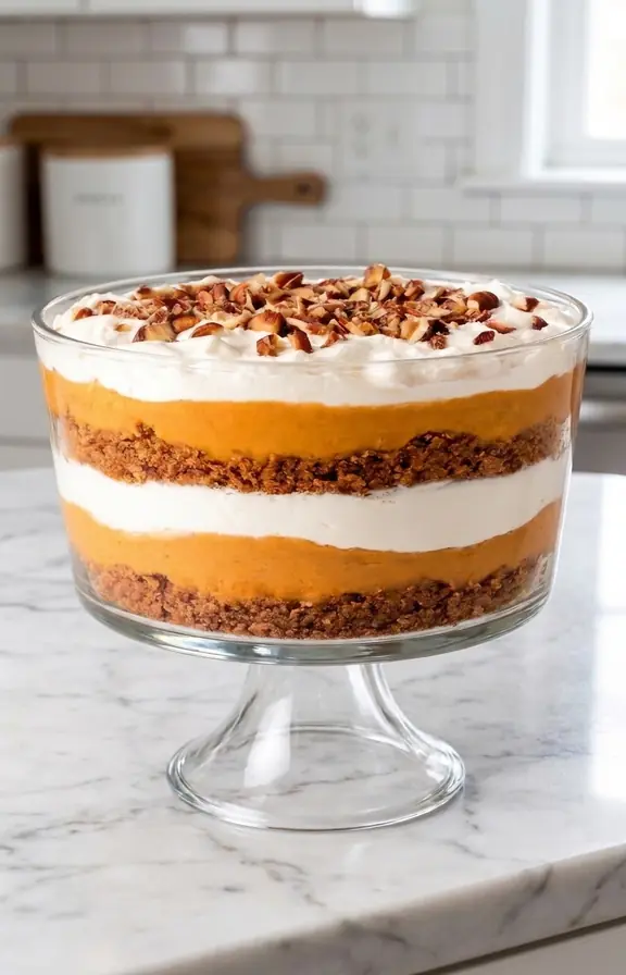 Layered pumpkin trifle in a glass trifle bowl with gingersnap crumbs, pumpkin cheesecake filling, and whipped cream