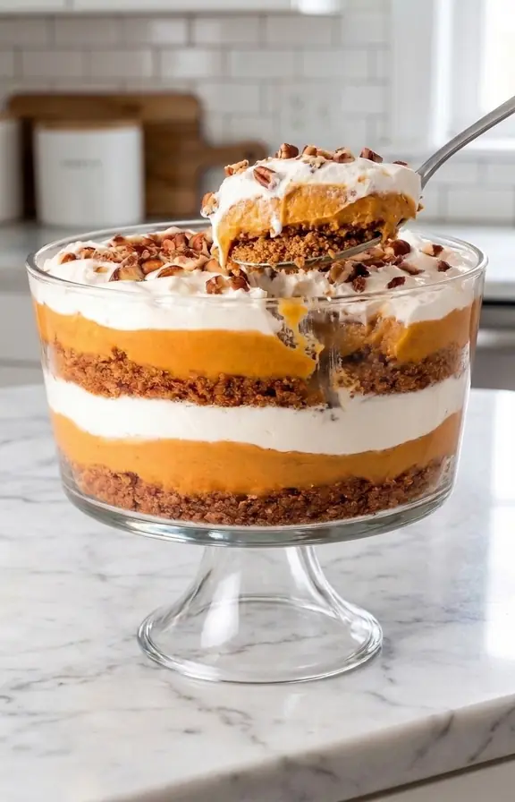 Close up spoonful of pumpkin trifle showing gingersnap crumbs, pumpkin cheesecake filling, and whipped cream layers