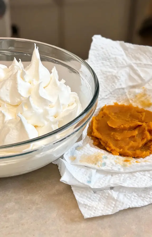 Bowl of stiffly whipped cream next to blotted pumpkin puree on paper towels for a pumpkin trifle recipe