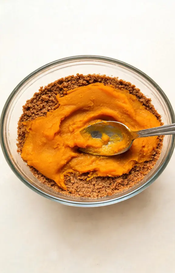 Overhead view of pumpkin trifle layers being assembled with crushed gingersnaps, pumpkin filling, and whipped cream in a glass bowl