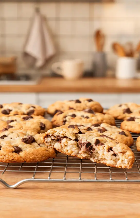 Golden rice krispie chocolate chip cookies cooling on a wire rack with visible crunchy cereal texture