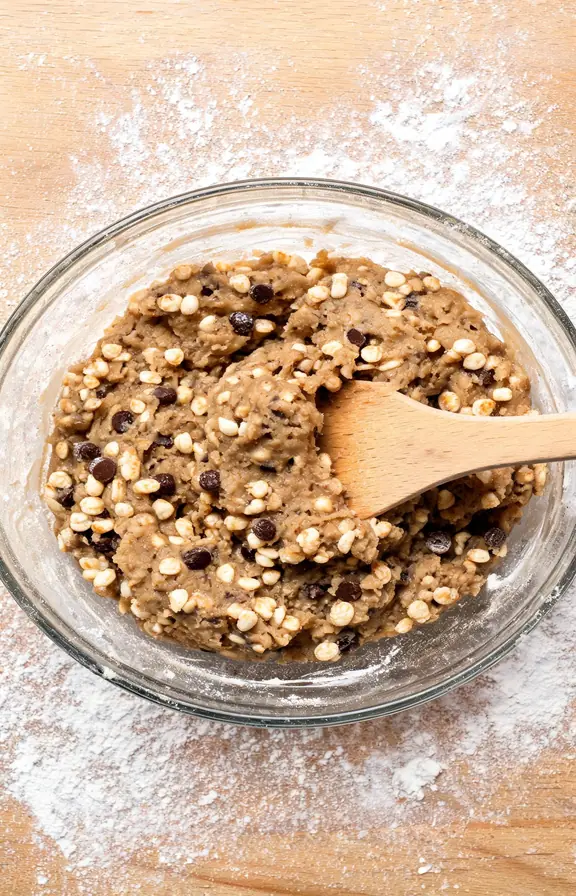 Overhead shot of cookie dough being folded with rice krispies cereal and chocolate chips in a glass mixing bowl