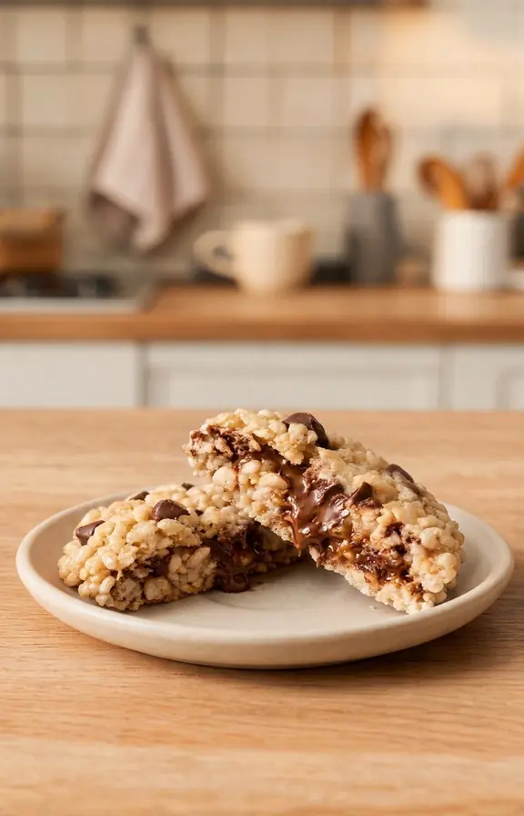 Close up of a single rice krispie chocolate chip cookie broken in half showing the chewy center and crunchy cereal coated edge
