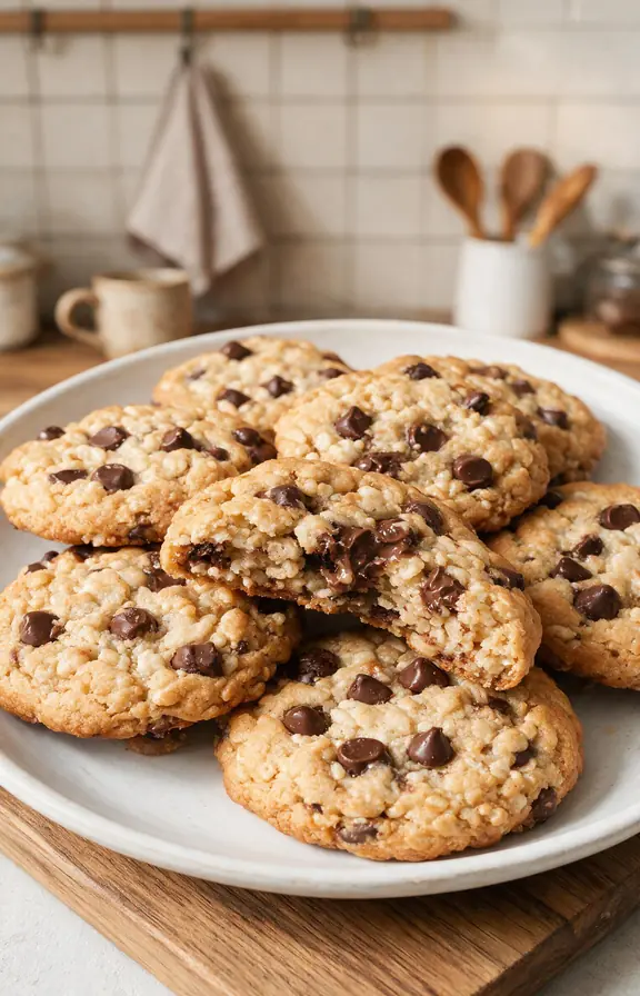 Stack of rice krispie chocolate chip cookies with visible cereal crunch and melted chocolate chips