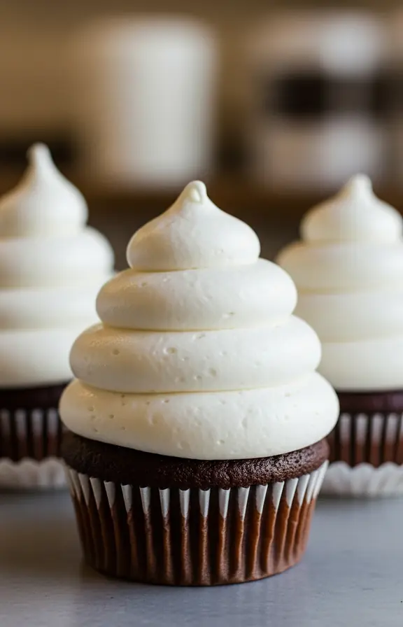 Marshmallow frosting on a dark chocolate cupcakes