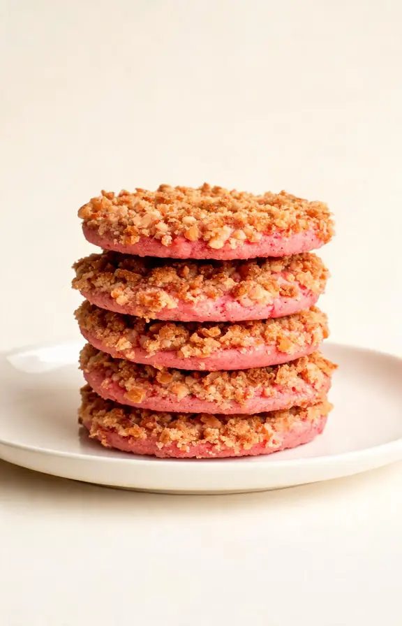 Stack of pink strawberry crunch cookies with golden crumb topping on a white marble surface