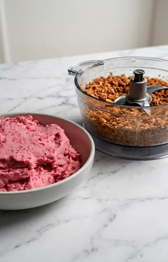 Bowl of pink cookie dough studded with freeze-dried strawberry powder next to a food processor of crushed crunch topping